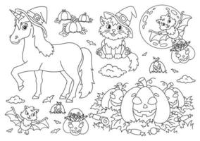 Einhorn in Hut, Katze, Fledermaus, Kürbis. Halloween-Thema. Malbuchseite für Kinder. Cartoon-Stil. Vektor-Illustration isoliert auf weißem Hintergrund. vektor