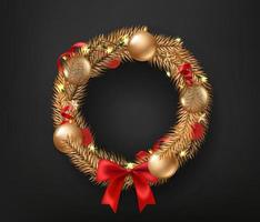 Weihnachtskranz mit goldener Kugel, Girlande und roten Bändern vektor