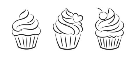 einstellen von linear Cupcake Silhouetten, Linie Kunst, Clip Art isoliert auf Weiß Hintergrund. Süss Nachspeisen. Essen Illustration, Vektor