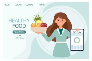 Frau Arzt Ernährungsberater mit Diät planen auf das Telefon. gesund Essen medizinisch Konzept. Karikatur Illustration, Vektor