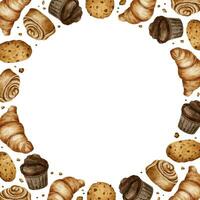 Croissant, spiralförmig Zimt rollen, Kekse, Muffin. Gebäck. Bäckerei Essen Konzept. Aquarell rahmen. Bäckerei Produkt. zum Design von Etiketten und Verpackung von Waren, Karten, Logo zum Backhaus und Bäckerei. vektor