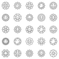 häftig blommor översikt ikoner uppsättning - retro rolig blomma med leende ansikte linje symboler vektor