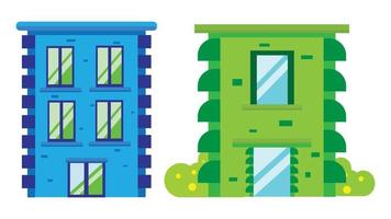 uppsättning av två bostadshus i staden. hemfasad med dörrar, fönster och buskar. vektor illustration. platt stil hus isolerade på vit bakgrund.