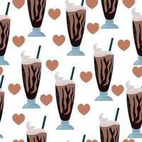 chokladmilkshake sömlöst mönster, sval drink i ett högt glas och hjärtan på en vit bakgrund vektor