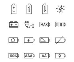 vektor svart linje ikon uppsättning batteri. översikt symbol teknologi design och elektricitet energi. kraft webb elektrisk element tunn Utrustning. förnybar och alternativ avgift