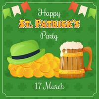 st. patrick dag fest kort med guld mynt, grön hatt och kopp av öl vektor