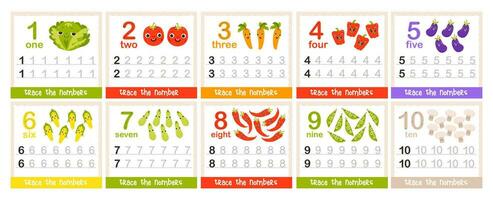 siffra inlärning flashcards med söt grönsaker. räkna och spår av tal. barn pedagogisk spel. vektor illustration