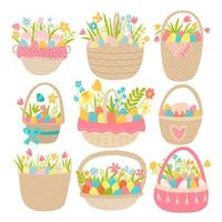 annorlunda påsk korg- korgar tecknad serie uppsättning. vår blommor och färgad ägg i söt påsk korg vektor uppsättning