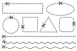 Schnitt Hier Linie mit Schere. Vektor Symbol zum Gutscheine und Papier Gutscheine. Ernte Kennzeichen gepunktet und gestrichelt Rand mit geometrisch Formen.