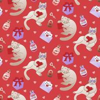 komisch Valentinsgrüße Katze mit Herzen nahtlos Muster. Artikel verbunden zu romantisch Urlaub. modisch drucken Design zum Textil, Hintergrund, Verpackung. st Valentinsgrüße Tag Konzept Muster vektor