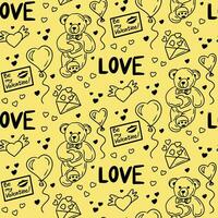 Valentinsgrüße nahtlos Muster mit Valentinsgrüße Artikel, Teddy tragen, Ballon, Herzen, Umschläge. Vektor isoliert schwarz Elemente auf Gelb Hintergrund. modisch drucken Design zum Textil, Hintergrund