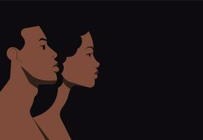 profil porträtt av en svart kvinna och svart man stående sida förbi sida. afrikansk amerikan människor huvud och axlar sida se porträtt. horisontell baner med mörk bakgrund. vektor