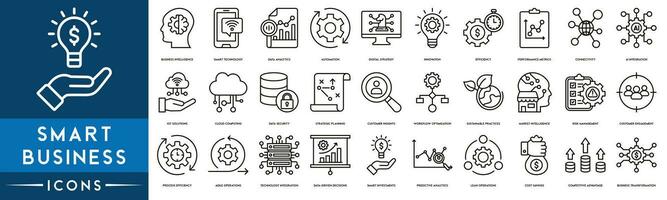 Clever Geschäft Gliederung Symbol Sammlung. dünn Linie einstellen enthält eine solche Symbole wie Geschäft Intelligenz, Clever Technologie, Daten Analytik, Automatisierung, Digital Strategie und Innovation Symbole vektor