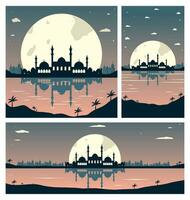 samling av moské silhuetter med urban byggnader och solnedgång bakgrund vektor
