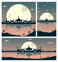 Sammlung von Moschee Silhouetten mit städtisch Gebäude und Sonnenuntergang Hintergrund vektor