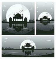 Sammlung von Moschee Silhouette Hintergründe mit städtisch Gebäude und voll Mond im das Hintergrund vektor