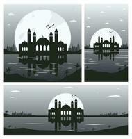 Sammlung von Moschee Silhouette Hintergründe mit städtisch Gebäude und voll Mond im das Hintergrund vektor