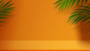 Sommer- Hintergrund, orange Studio Zimmer und Podium Anzeige mit Licht, Palme Blätter Schatten auf Mauer Hintergrund, Kulisse Szene spotten oben zum Urlaub Reisen, Urlaub, Vektor Vorlage Plattform zum Produkt Geschenk