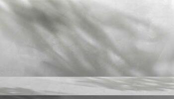 grau Hintergrund, Zement Mauer Textur Studio Zimmer mit Licht, Blätter Schatten, leer Beton Anzeige Zimmer 3d Podium Fußboden Oberfläche, Vektor Hintergrund Marmor Mauer Attrappe, Lehrmodell, Simulation zum Produkt Präsentation