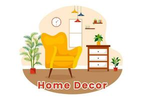 Zuhause Dekor Vektor Illustration mit Leben Zimmer Innere und Möbel eine solche wie komfortabel Sofa, Fenster, Stuhl, Haus Pflanzen und Zubehör