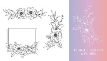 Pfingstrose Linie Zeichnung. Blumen- Frames und Blumensträuße. Blumen- Linie Kunst. fein Linie Pfingstrose Frames Hand gezeichnet Illustration. Hand gezeichnet Gliederung Magnolien. botanisch Färbung Buchseite. Pfingstrose isoliert vektor