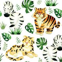 nahtlos Muster von Tiere, Safari. Aquarell Zeichnung Tiger, Leopard, Zebra. drucken zum Kinder vektor