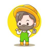 süß Farmer halten Hacke Karikatur Vektor. Landwirtschaft und Landwirtschaft Konzept Design. Chibi Stil Illustration. isoliert Weiß Hintergrund. Symbol Logo Maskottchen vektor