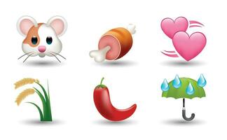 6 uttryckssymbol isolerat på vit bakgrund. isolerat vektor illustration. hamster, bit av kött med ben, rosa hjärtan, hängande ris öron, peppar, paraply vektor emoji illustration. 3d illustration.