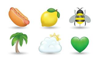 6 Emoticon isoliert auf Weiß Hintergrund. isoliert Vektor Illustration. heiß Hund, Zitrone, Biene, Palme Baum, Wolke mit Sonne, Grün Herz Vektor Emoji Illustration. 3d Illustration.