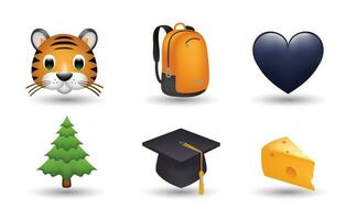 6 Emoticon isoliert auf Weiß Hintergrund. isoliert Vektor Illustration. Tiger, Rucksack, schwarz Herz, Kiefer Baum, Junggeselle Deckel, Käse Vektor Emoji Illustration. 3d Illustration.