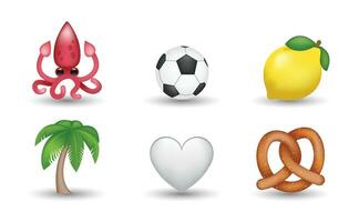 6 Emoticon isoliert auf Weiß Hintergrund. isoliert Vektor Illustration. Krake, Volleyball Ball, Zitrone, Weiß Herz, Palme Baum, Brezel Vektor Emoji Illustration. 3d Illustration Satz.