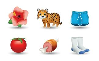 6 uttryckssymbol isolerat på vit bakgrund. isolerat vektor illustration. rosa blomma, tiger, shorts, tomat, kött på ben, strumpor vektor emoji illustration. 3d illustration.