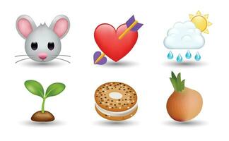 6 uttryckssymbol isolerat på vit bakgrund. isolerat vektor illustration. mus, röd hjärta med pil, moln med och regn, växande växt, choklad munk, lök vektor emoji. 3d illustration.