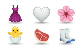 6 Emoticon isoliert auf Weiß Hintergrund. isoliert Vektor Illustration. Party Kleid, Weiß Herz, Sakura Blume, Hähnchen im gebrochen Ei, Fleisch, Socken Vektor Emoji Illustration. 3d Illustration.