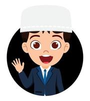glücklicher süßer schöner muslimischer arabischer Junge Charakter Avatar mit muslimischem Business-Outfit mit fröhlichem Gesichtsausdruck vektor