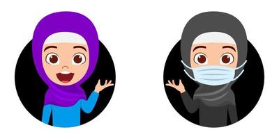 glad söt vacker muslimsk arabisk flicka karaktär avatar bär muslimska business outfit hijab och mask med glada ansiktsuttryck vektor