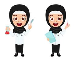 glad söt muslimsk arab kid läkare sjuksköterska karaktär bär läkare sjuksköterska outfit och hijab stående hålla fil injektion provrör och göra olika åtgärder vektor