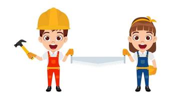 glückliches süßes schönes Kind Junge und Mädchen Zimmermann Bauarbeiter stehen und posieren mit Werkzeugen Handsäge Hammer vektor