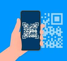 Hand hält Telefon mit Scan qr Code zu Zahlen auf Bildschirm. Telefon auf Blau Hintergrund. Vektor Illustration.