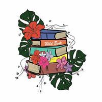 Bücher mit tropisch wild Blumen. Karikatur Blumen- Dekorationen. Wildblumen Dekor zum Literatur. Buch mit Blumen. Blumen- Buch. geöffnet Buch und Wildblumen. lesen Bücher Liebhaber. vektor