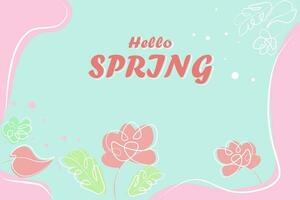 vår blå vykort med rosa blommor, grön löv och Hej vår rubrik. på de kanter av rosa och vit skilsmässor. vektor. horisontell vektor