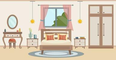 gemütlich Schlafzimmer. Schlafzimmer Innere Bett, Dressing Tabelle mit Stuhl, Teppich, eingetopft Pflanzen, Kleiderschrank, Fenster mit ein Sommer- Sicht. Innere Konzept. Vektor eben Illustration.