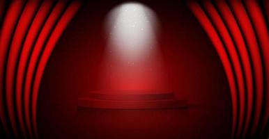 3D-Siegerpodium, Treppe des roten Teppichs, Preiskonzept der Promi-Party. roter Samtvorhang-Banner-Hollywood-Event, Filme und Kinovorlagenvorrat, Akademiepreissterne-Vektor einzeln auf rotem Hintergrund vektor