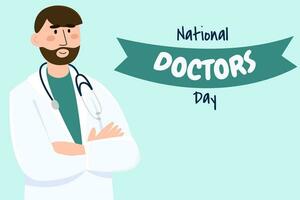 Vektor Banner von National Ärzte Tag. jung lächelnd Arzt mit Stethoskop, medizinisch Facharzt.Medizin Konzept.