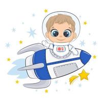 gullig rymdman med rymdskepp och stjärnor. barnslig illustration. vektor