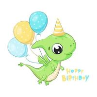 süßer Dinosaurier mit Luftballons. alles gute zum geburtstag clipart. vektor