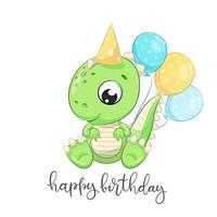 süßer Dinosaurier mit Luftballons. alles gute zum geburtstag clipart. vektor