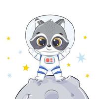 Süßer Raumfahrer Waschbär steht auf dem Mond. kindliche Abbildung. vektor
