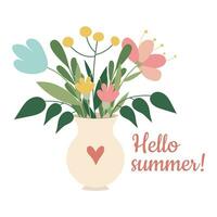 Hallo Sommer- Karte mit Blumen im ein Vase. Vektor Illustration.