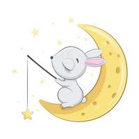 söt kanin sover på månen. vektor